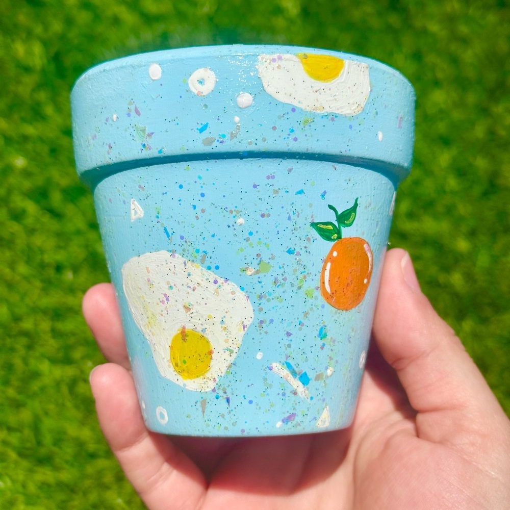 Eggs & Oranges Painted Small Plant Pot Handmade 
3” H for Garden or Home Decor